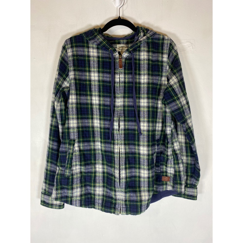 L.L.Bean Plaid Flannel Zip Up Hoodie Small Relaxed Fit Cotton Hooded Jacket